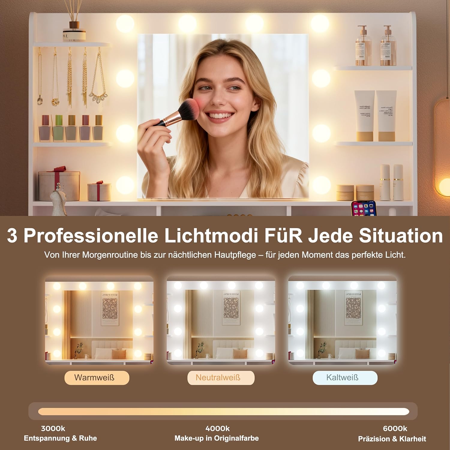 Schminktisch mit LED-Spiegel & Arbeitsplatz, 120x60x175 cm 6 Schubladen inkl. USB-Steckdose, Hollywood-Beleuchtung 3 Modi, 8 Ablagen, 14 Haken, 32 cm Kosmetikschrank, Ohne Hocker (Large 2)