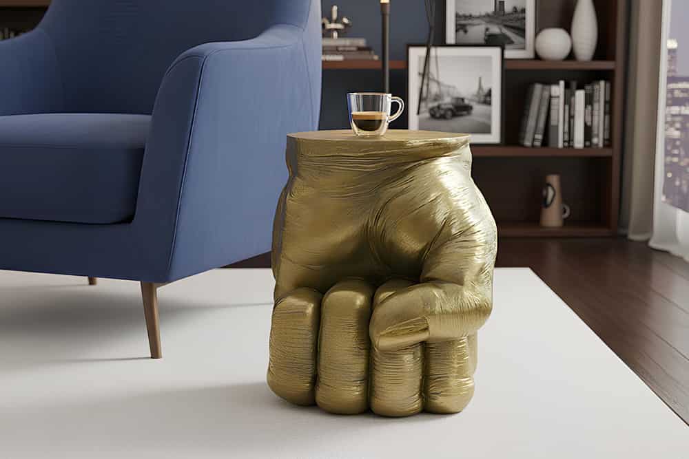 Handgefertigter Beistelltisch FIST 50cm gold runde Tischplatte Faust-Skulptur