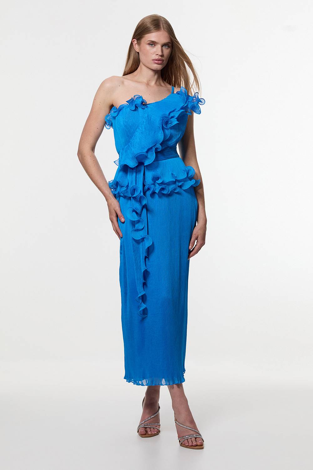 KarenMillen Robe midi tissée sans bretelles Digital Ophelia en géorgette froissée à plis fins