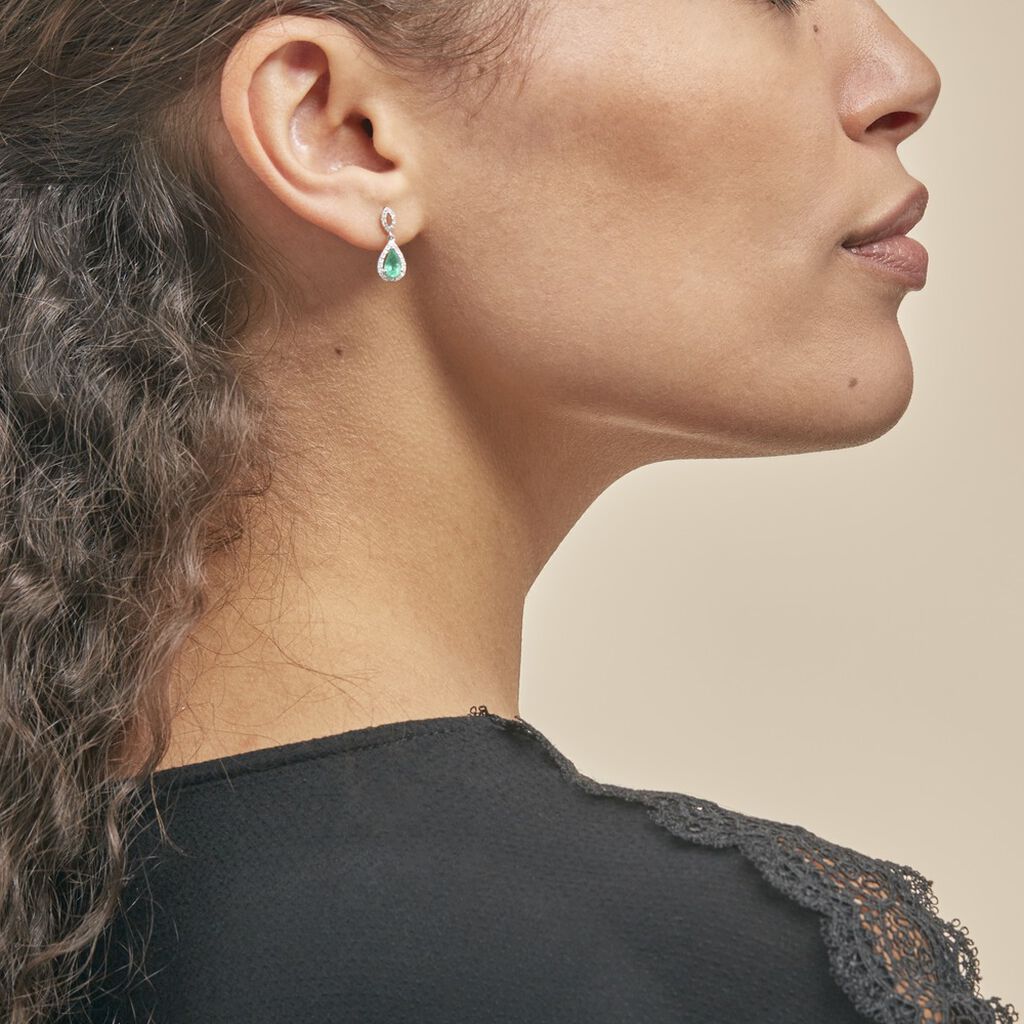 Boucles D'oreilles Puces Sissi Or Blanc Diamant Et Emeraude
