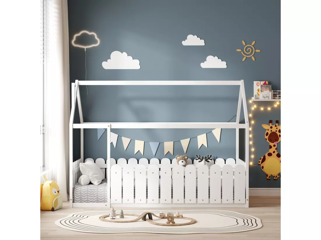 MINEA | Lit cabane avec barrière CALINOU 90x190 cm (matelas non inclus)