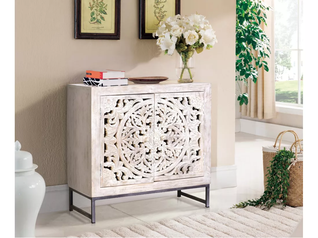 Buffet en manguier, pieds en métal blanc et gris vieilli Blanco.Giner y Colomer.81x35x80