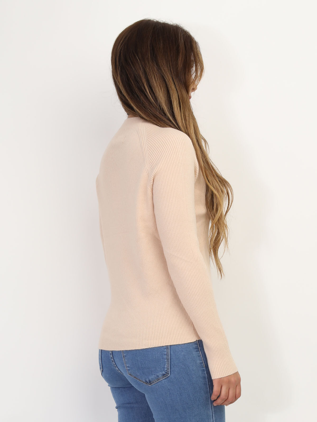 Pull côtelé à col montant- Beige