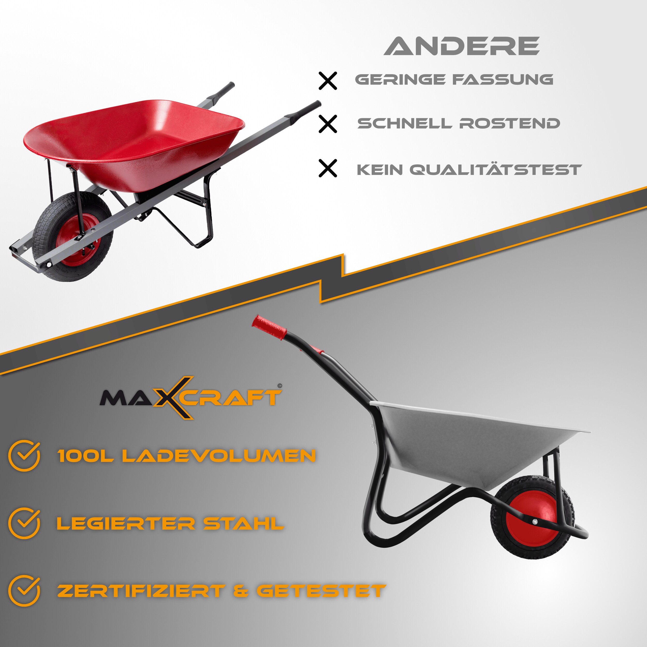 MAXCRAFT Schubkarre / Bauschubkarre Luftbereifung 250 kg 100 L - Schwarz