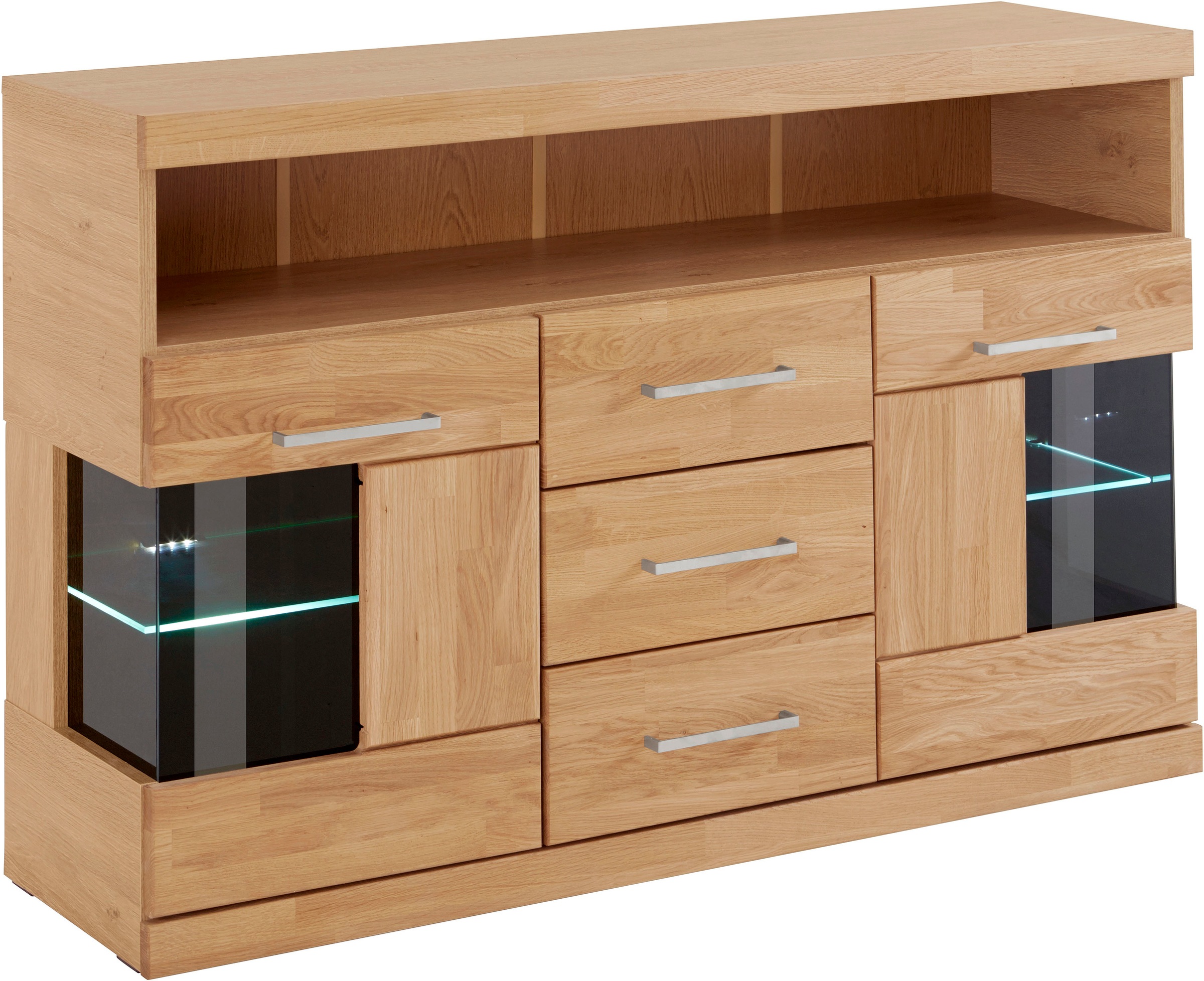 Home affaire Sideboard »Ribe,125cm breit, Fronten Massivholz,5 Fächer,Böden versetzbar« Korpus Holzwerkstoff,Türen mit Glaseinsatz,3 Schubladen,Metallgriffe