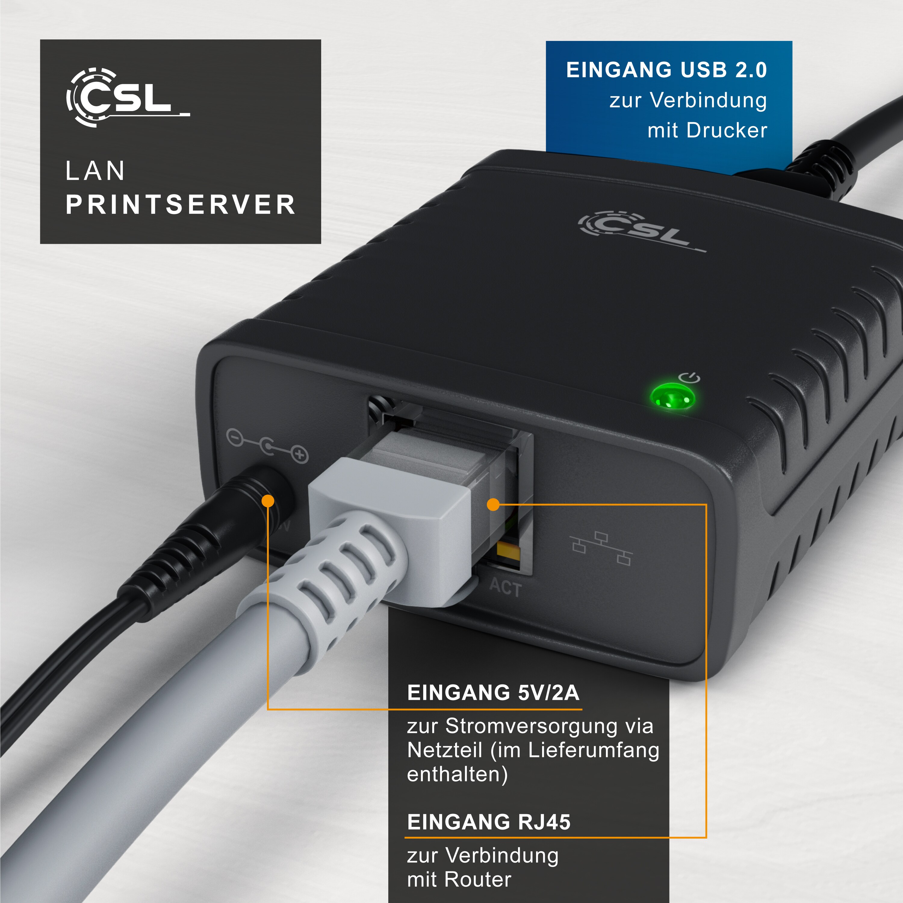 CSL Fast Ethernet USB Printserver inklusive Netzteil PC und MAC / Windows 10 fähig