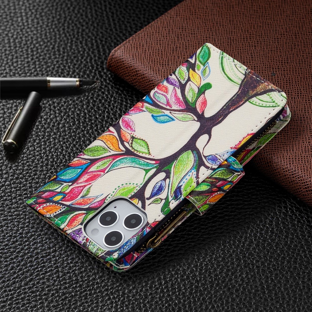 iPhone 12 / iPhone 12 Pro Leder Wallet Etui Tasche mit 9 Kartenfächern   Münzfach - Blühender Baum