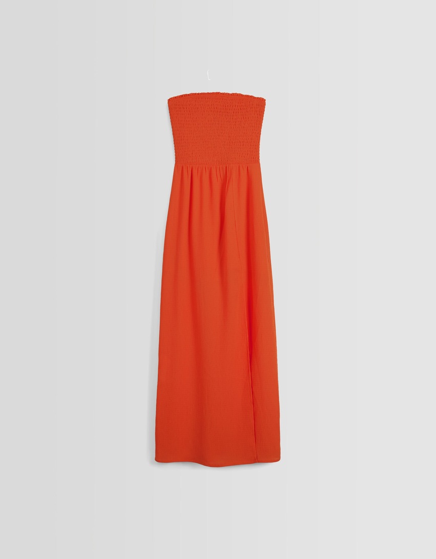 Vestido longo bandeau com franzido