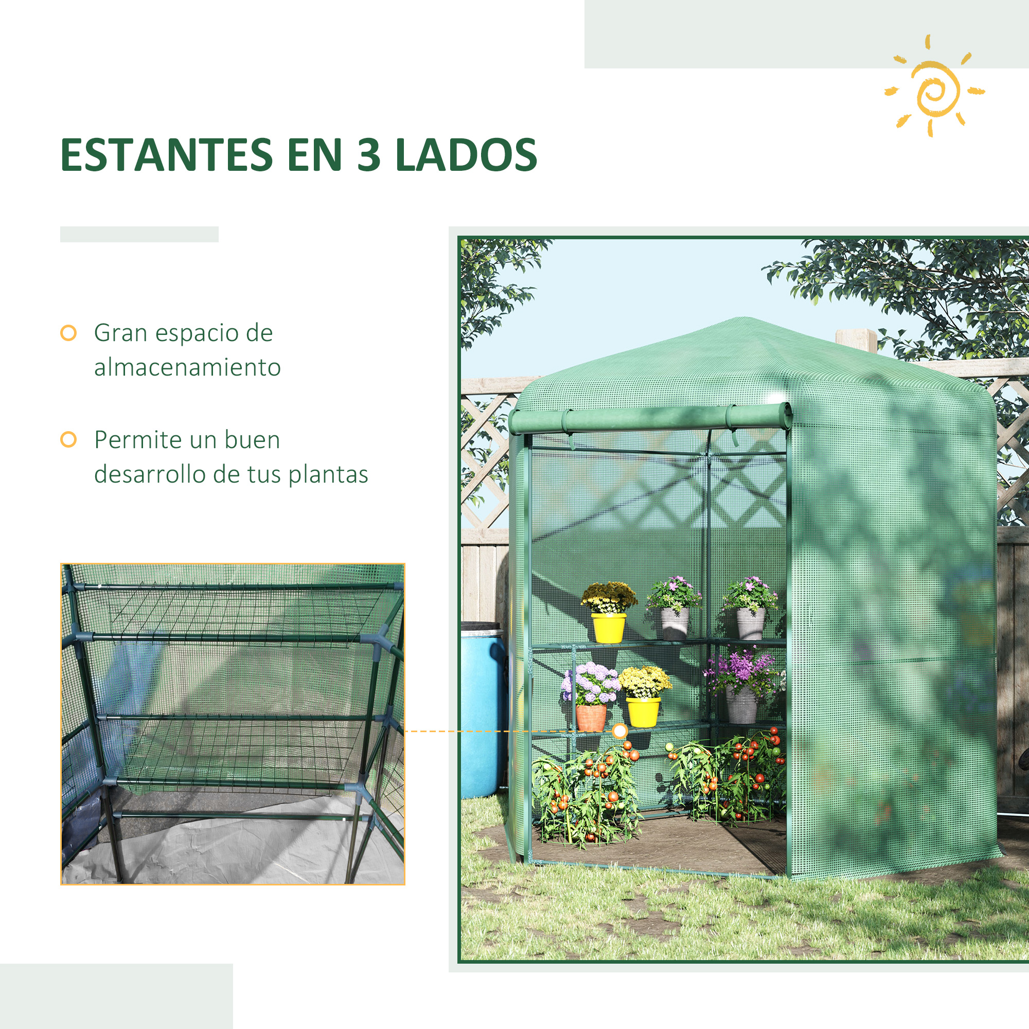 Estufa de jardim hexagonal Outsunny 194x194x215 cm com 6 prateleiras, porta de enrolar e estrutura de aço galvanizado para cultivo de plantas, vasos e flores (verde)
