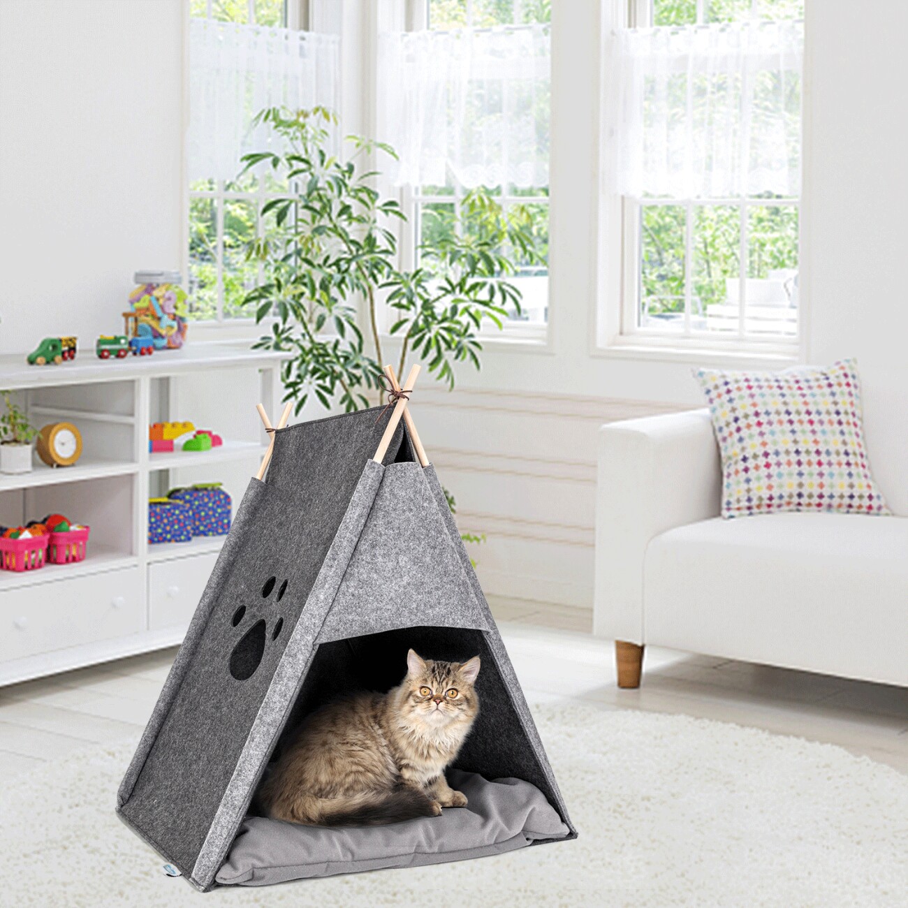 nobleza Katzenzelt Grau aus Filz mit Soft-Kissen