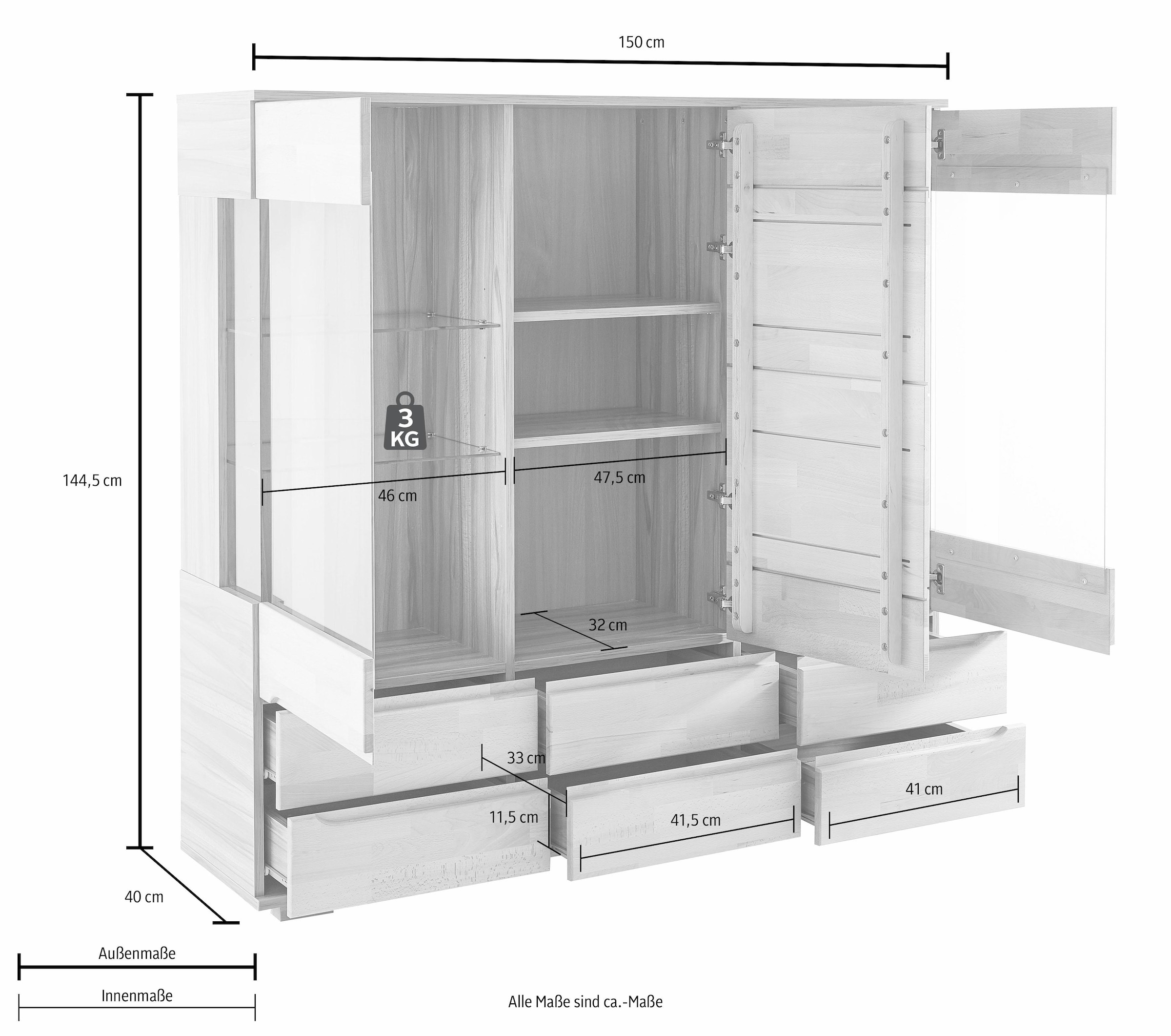 Home affaire Highboard »Vetro,150cm breit,40 cm tief,Fronten Massivholz,9 Fächer« Kernbuche massiv, Holzwerkstoff, 3Türen,6 Schubladen, Griffmulden