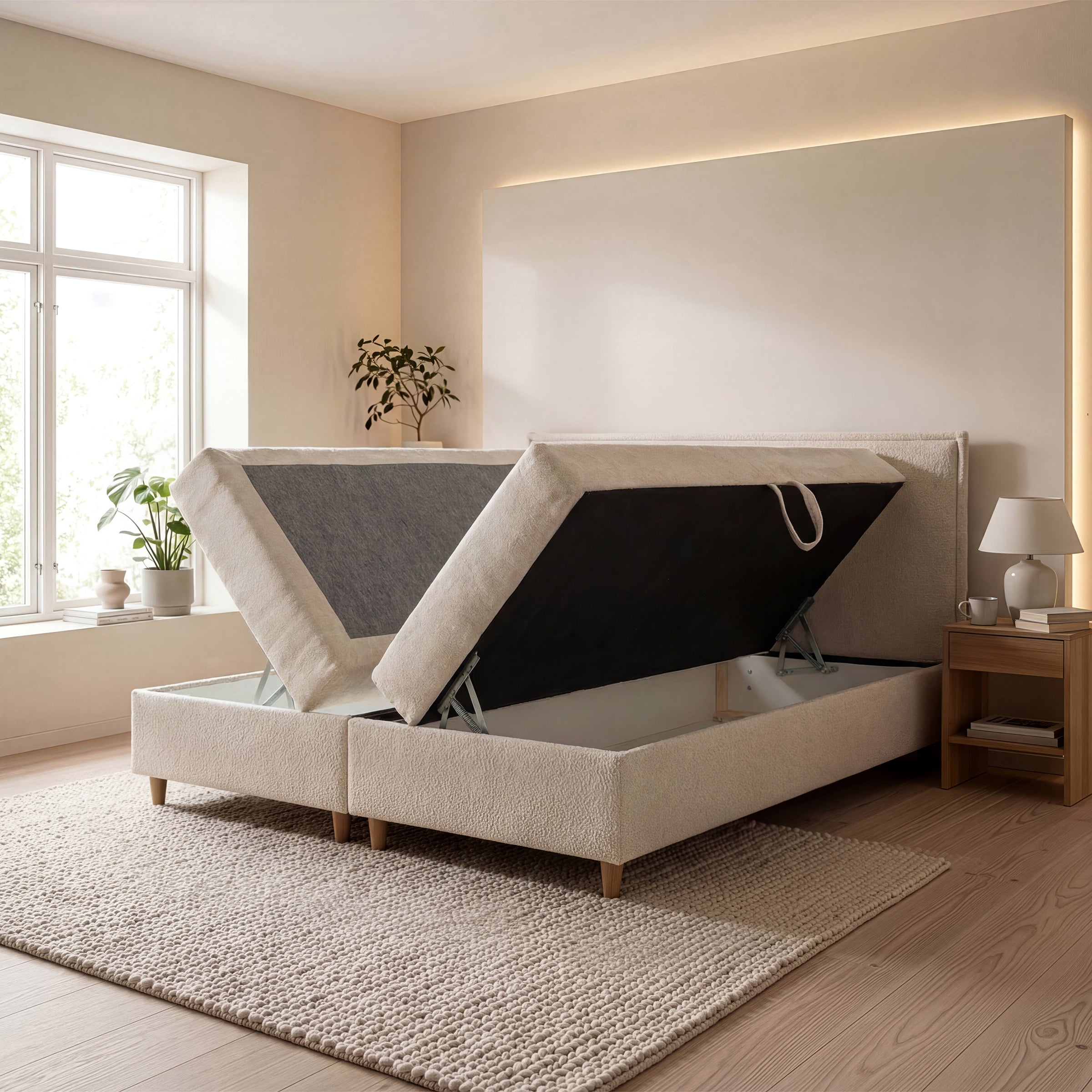 Saku - Boxspring met opbergruimte - Stof beige - 180x200 cm