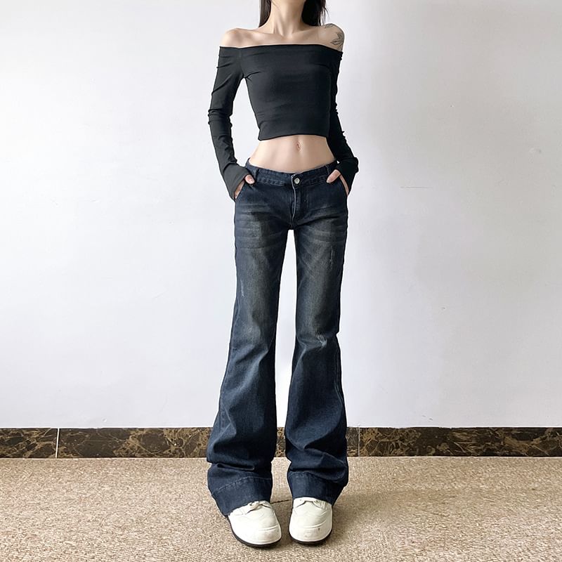 PolkaBella - Lage taille distressed gewassen bootcut jeans