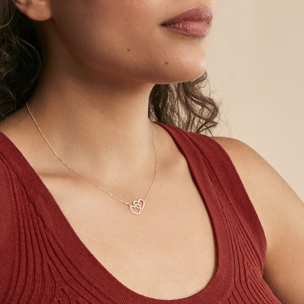 Collier Double Coeur Satines Or Bicolore
