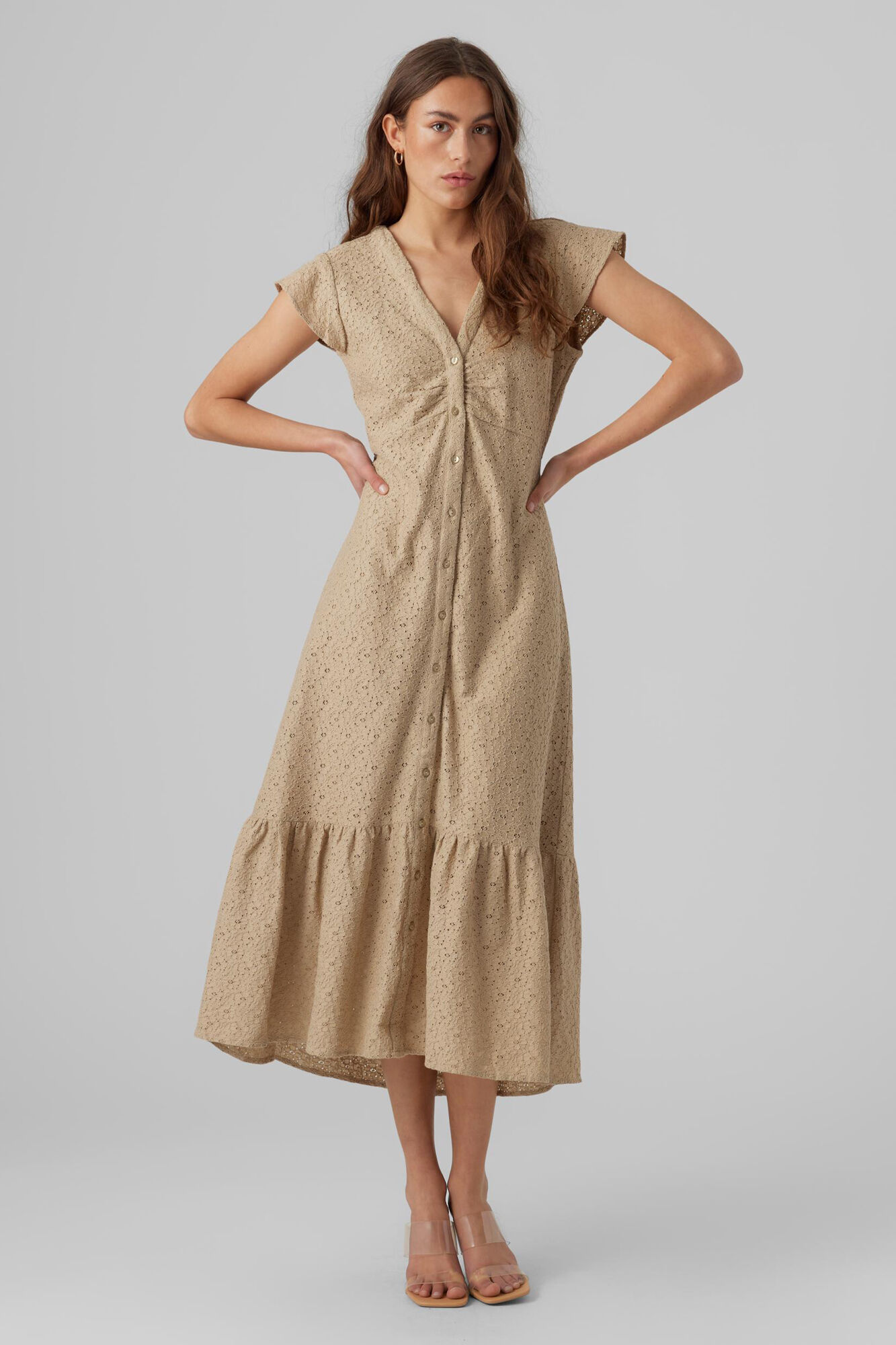 Vestido com decote em V 7/8 - Marrom