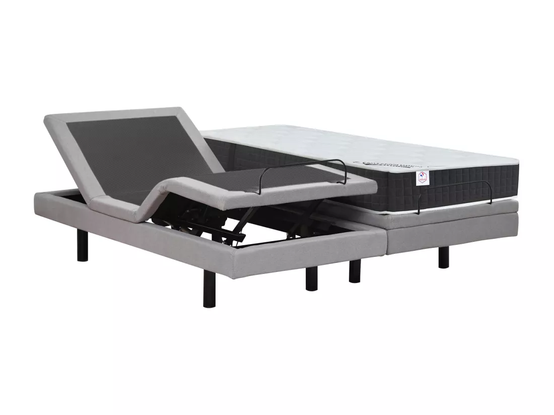 Lit électrique de relaxation déco + matelas ressorts ensachés et mémoire de forme - 2 x 80 x 200 cm - Tissu - Gris - RIZALI de YSMÉE