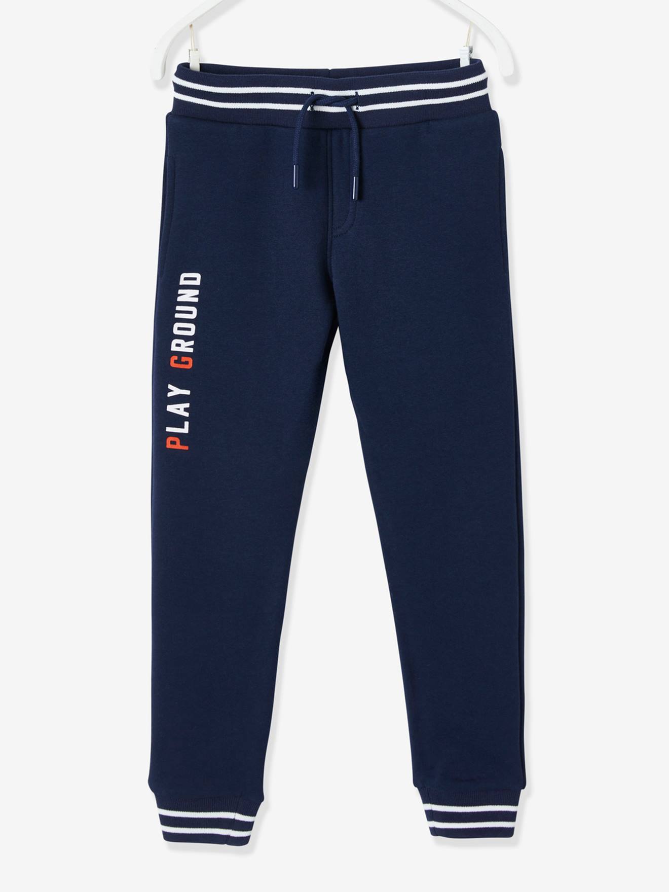 Calças de fato de treino lisas em lã polar azul-escura para meninos com estampas.
