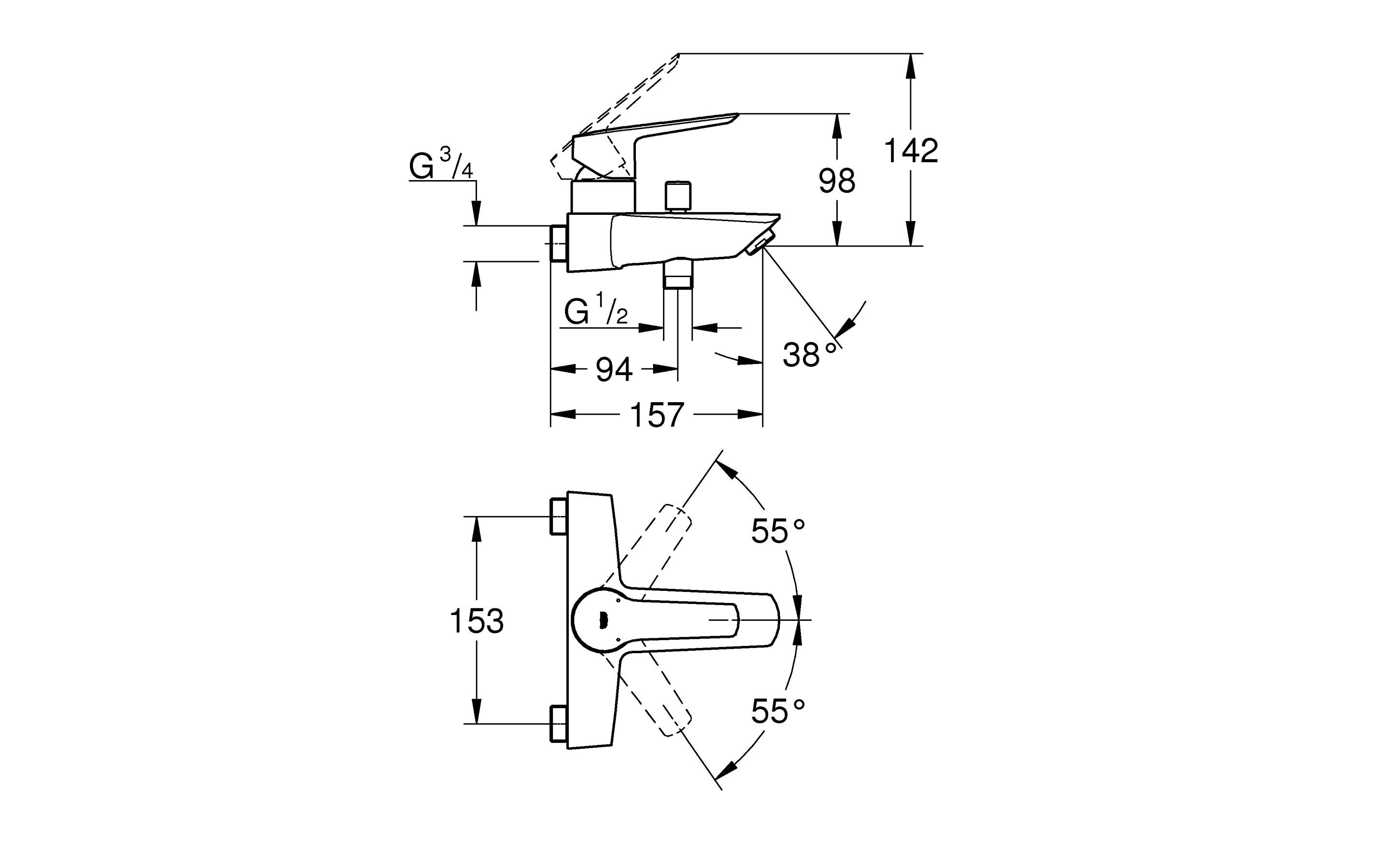Badewannenarmatur QuickFix Start 153 mm, 3/4