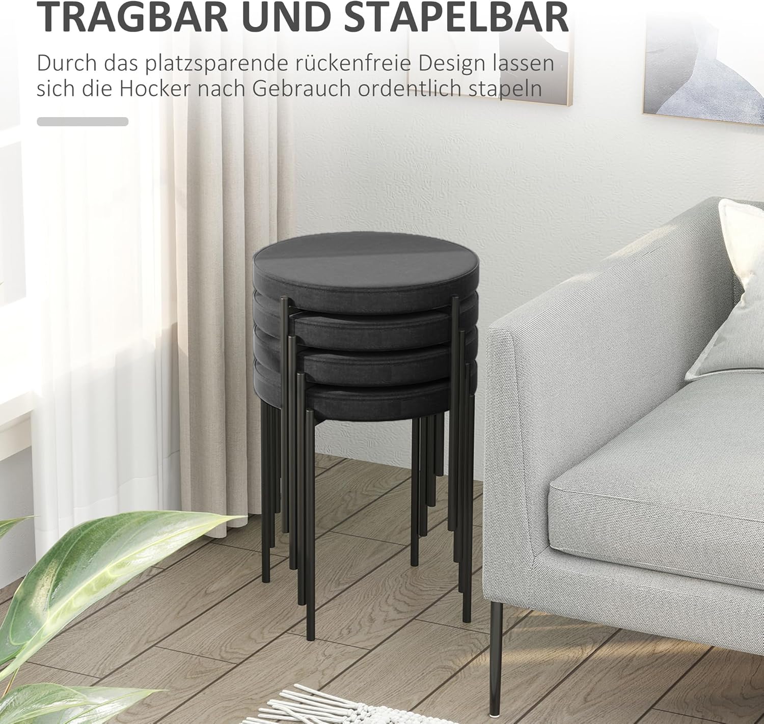 HOMCOM Esszimmerhocker 4er Set Stapelhocker Hocker aus Metall mit Samtoptik Küchenhocker Polsterhocker für Esszimmer Wohnzimmer Schwarz