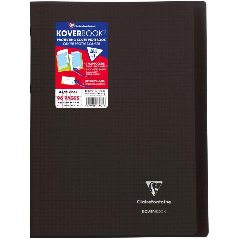 Cahier piqué Koverbook A4 96 pages petits carreaux + marge couverture polypropylène transparent - Assortis