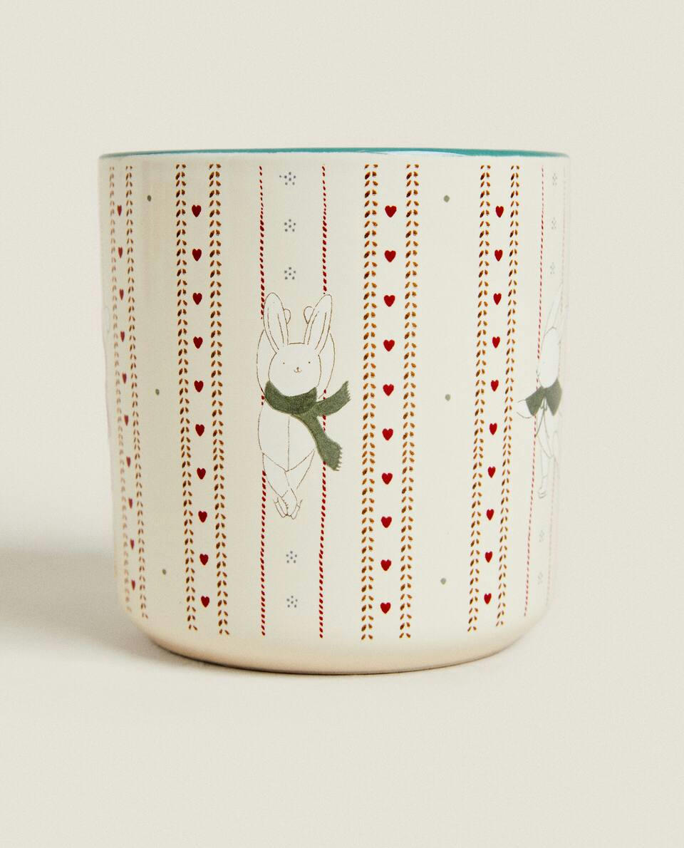 Caneca infantil de cerâmica com desenho de coelho de Natal