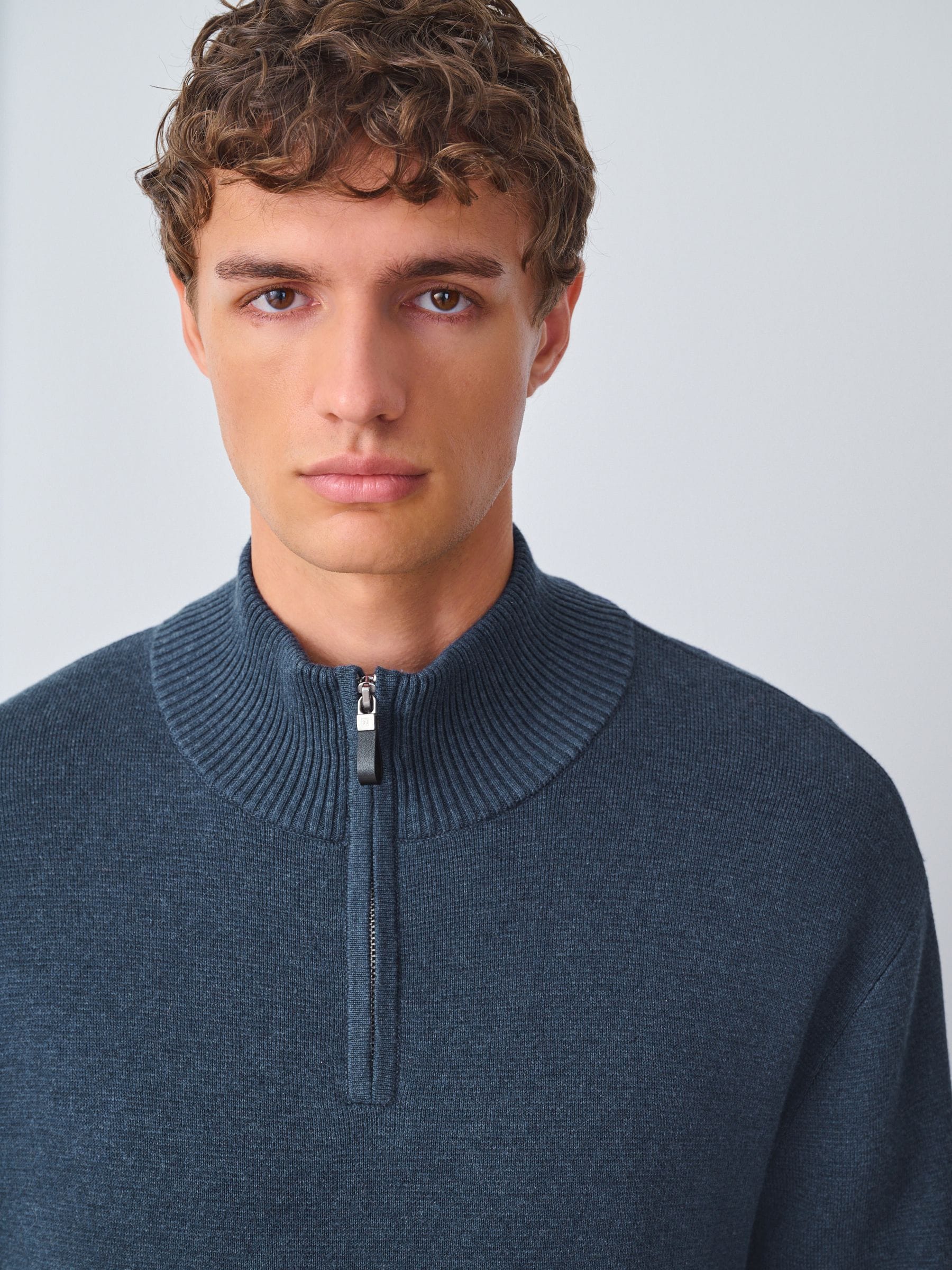 Normaal blauw - Effen - Regular fit 100% katoenen premium trui met korte rits