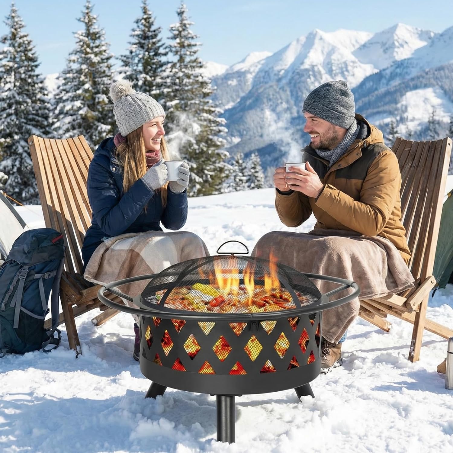 TLSUNNY Feuerschale, Ø 80cm Feuerkorb mit Funkenschutz und Schürhaken, Feuerschalen für den Garten Groß, Feuerstelle mit Grill, BBQ Feuerstelle Outdoor, Retro-Look Fire Pit, Zum Grillen und Heizen