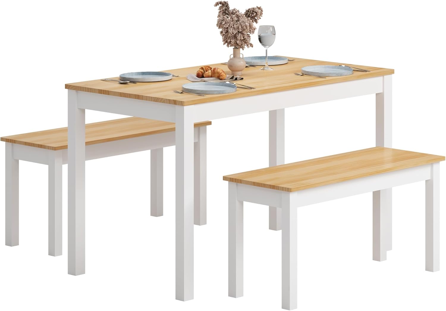 SogesGame 3-Teiliges Esstisch-Set – Massivholz-Esstischset aus Kiefernholz mit 1 Tisch & 2 Bänken, platzsparendes (108x65x73cm Tisch, 90x32x44cm Bänke), Ideal für kleine Wohnungen, Küche & Studio