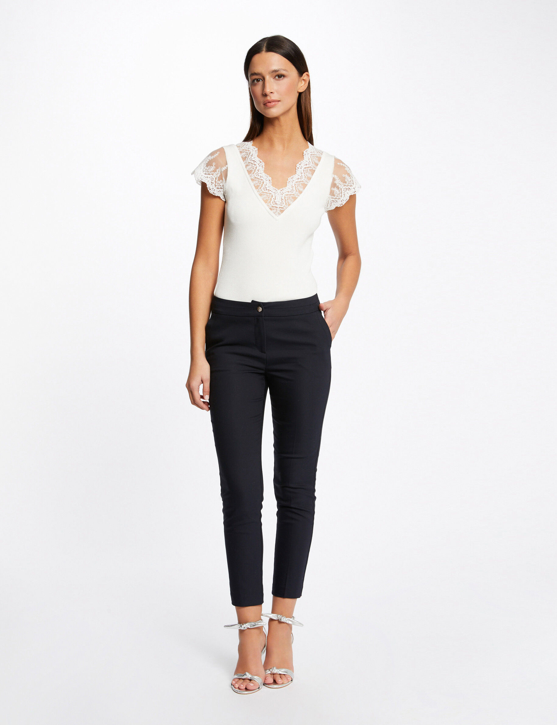 Pull manches courtes à dentelle ecru femme - ecru