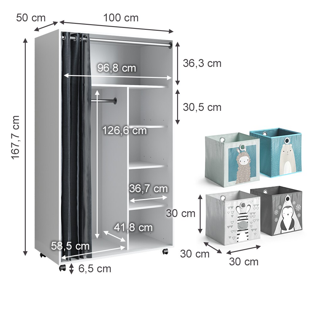 Vicco mobiler Kinderkleiderschrank Dielenschrank Garderobe Doros Weiß modern 100 x 168 cm Faltboxen offen rollbar
