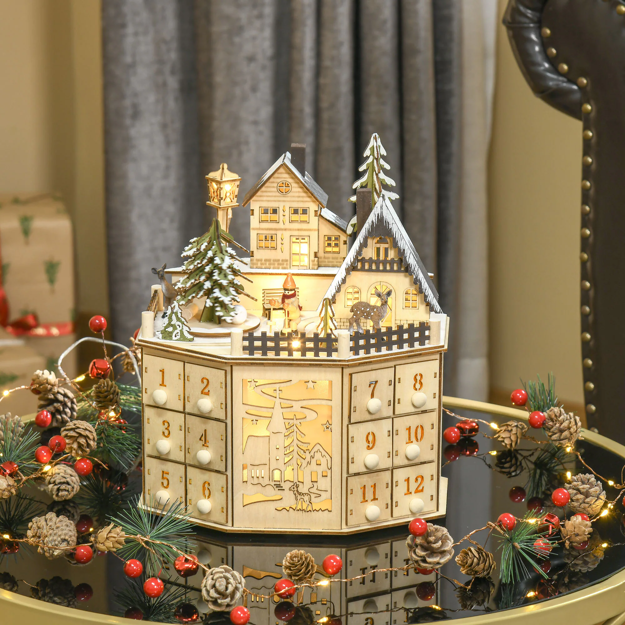 HOMCOM Adventskalender mit LED Lichtern und kleinem Dorf natur 25B x 20T x 29H cm