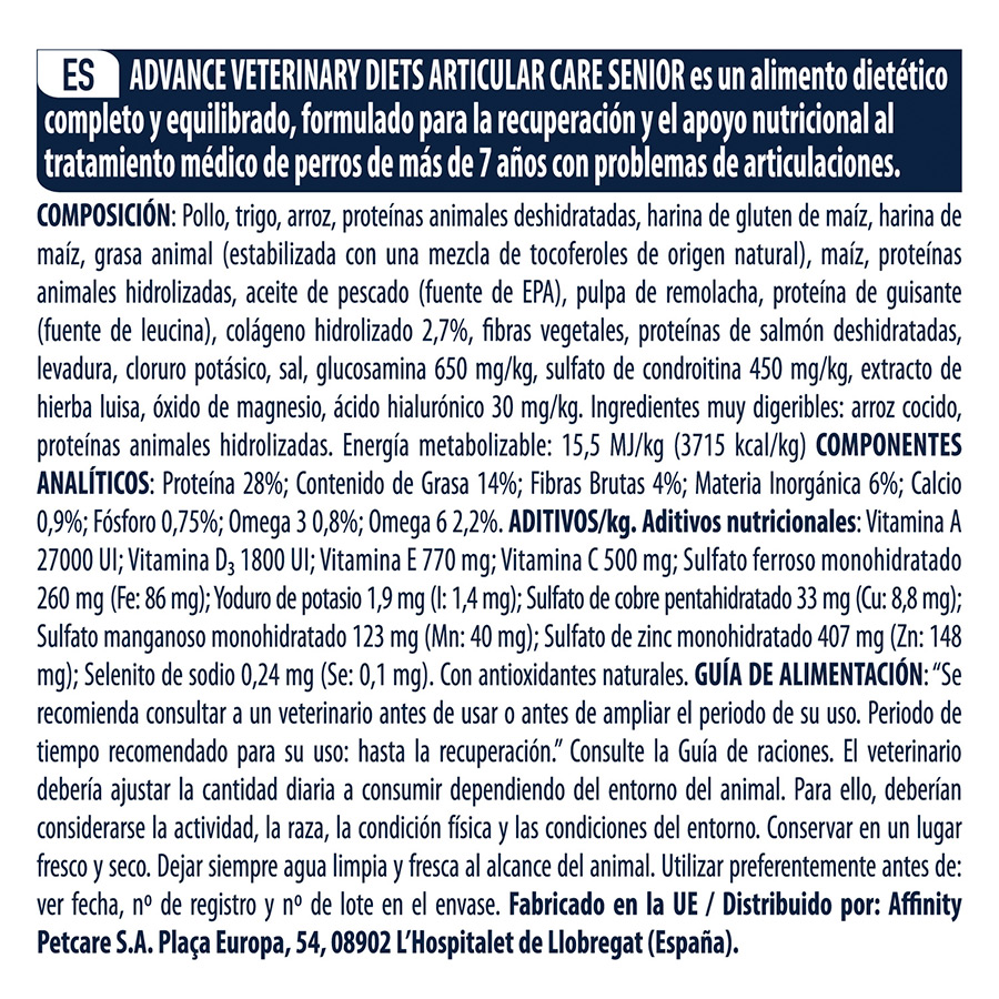 kg de ração Advance Veterinary Diets Articular +7 para cães seniores