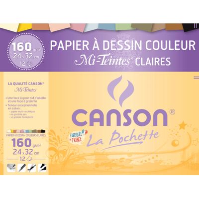 Canson - Pochette papier à dessin couleur - 12 feuilles - 24 x 32 cm - 160 gr - mi-teintes claires