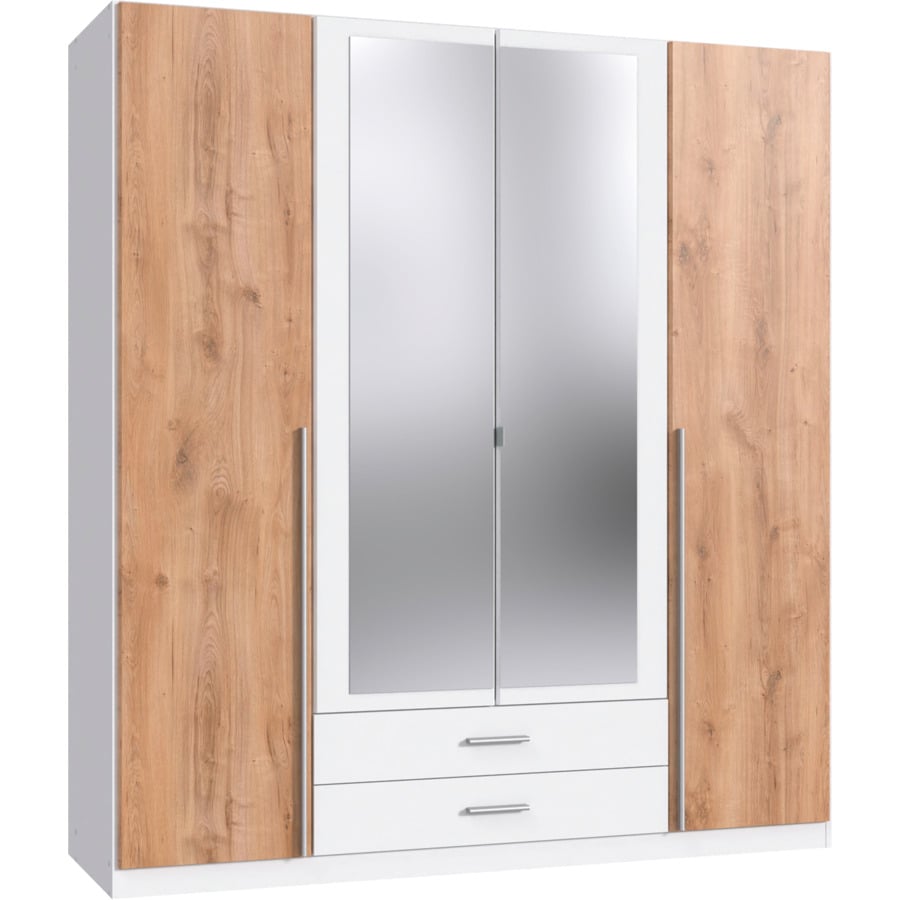 Drehtürenschrank Kuga, Dekor weiss/Plankeneiche, 135 x 197 x 58 cm, mit Spiegel