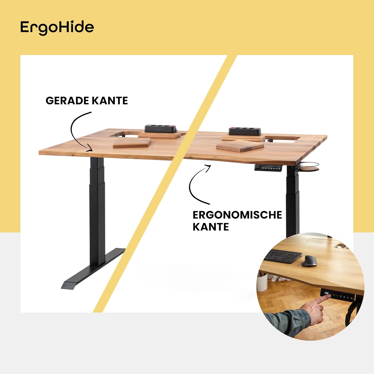 ErgoHide® Höhenverstellbarer Schreibtisch aus Massivholz mit erweitertem Kabelmanagement/Kabelkanal (Eiche, Schwarz, Ergonomisch, 150x80cm)