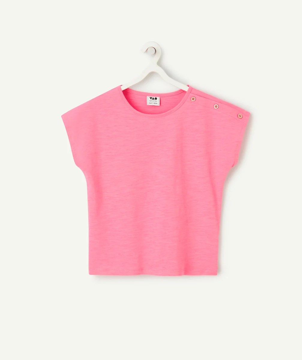 t-shirt manches courtes fille en coton bio rose avec boutons