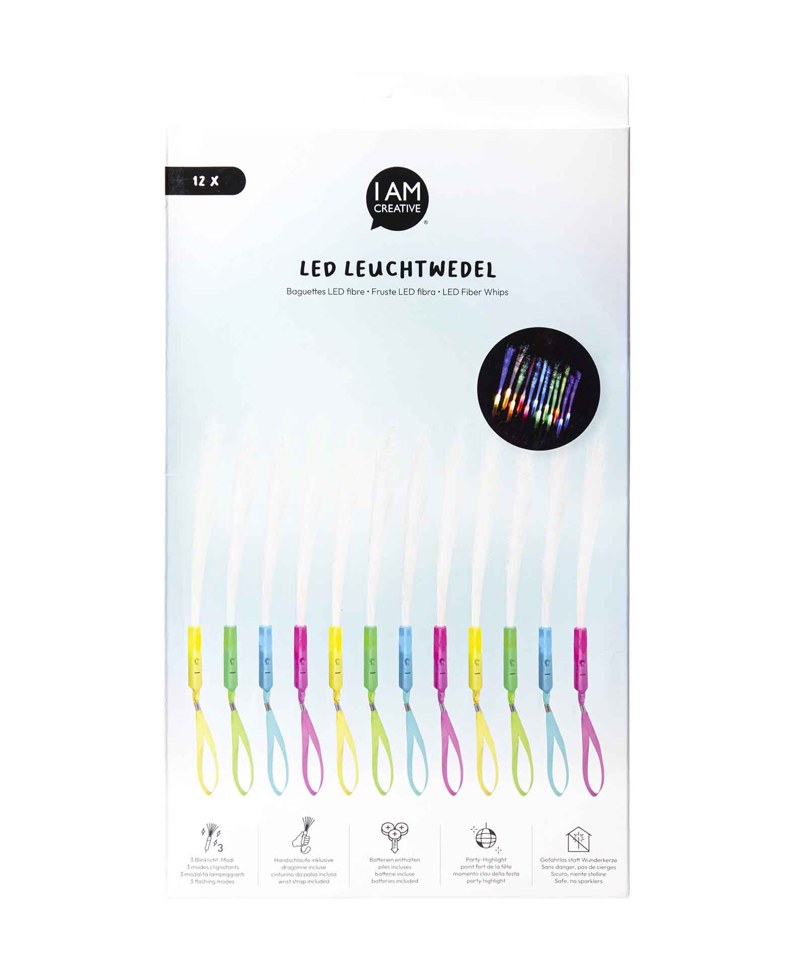 (12er Set) Let's celebrate Blinkender LED Glasfaser Leuchtstab Party Glow Wedel mit Farbwechsel 3 Modi (inkl. LR41 Batterien) - Bunt