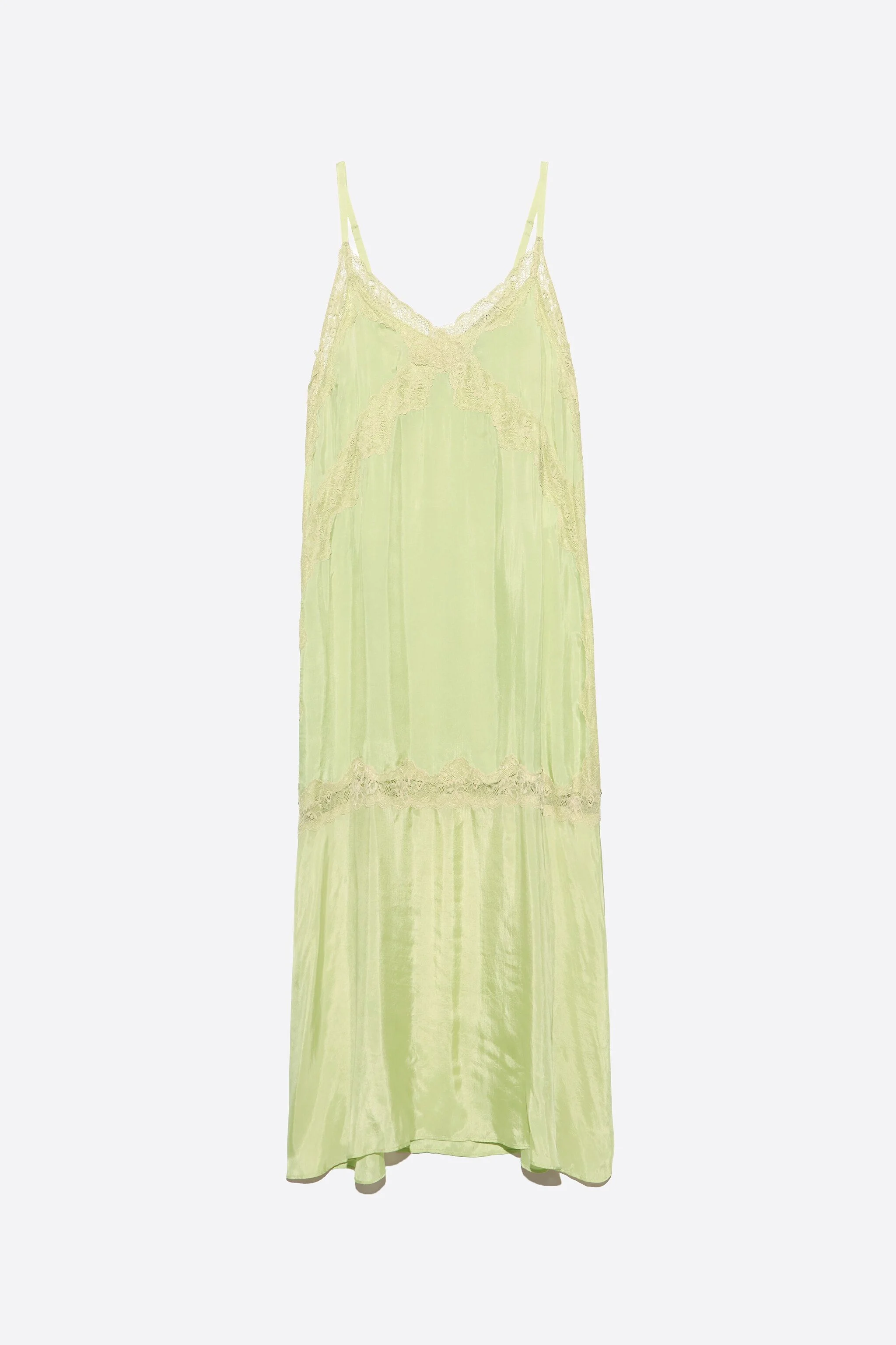 Vestido de alças verde-limão com detalhes em renda