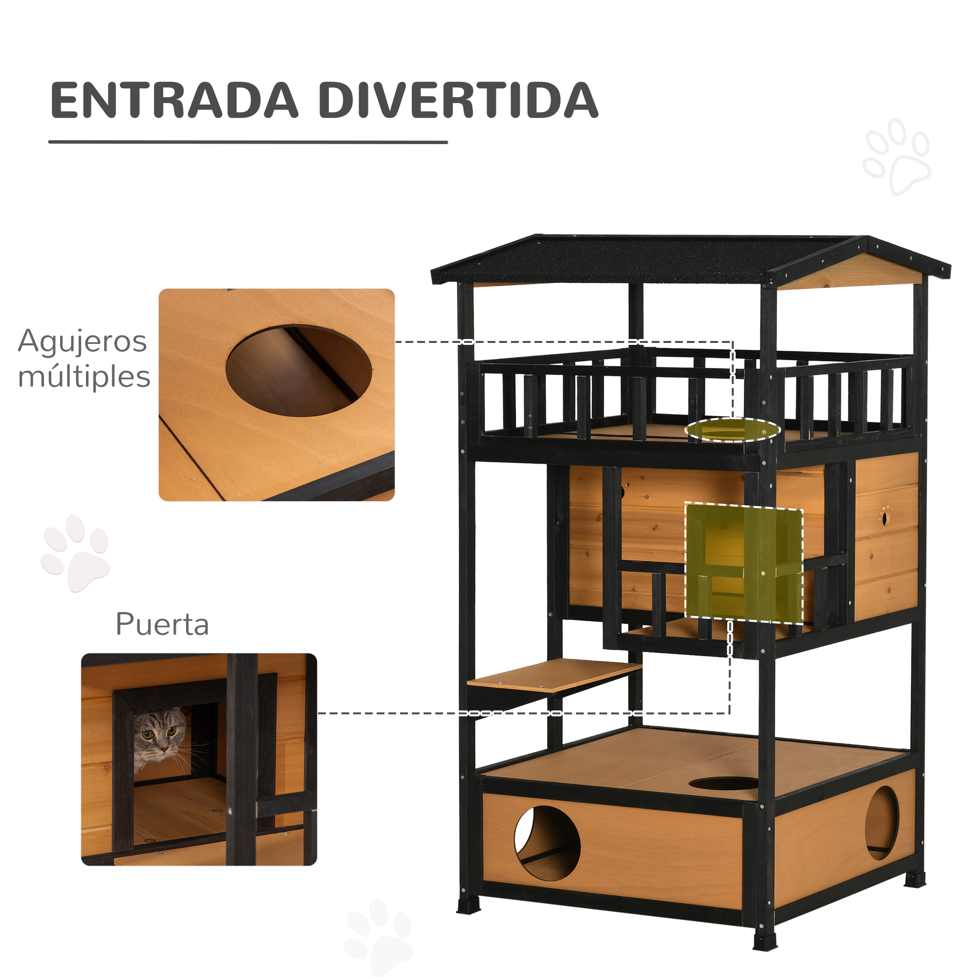 Casinha de madeira para gatos PawHut, 75,5 x 75 x 137 cm, com telhado de asfalto e plataformas para uso interno e externo, cor natural.