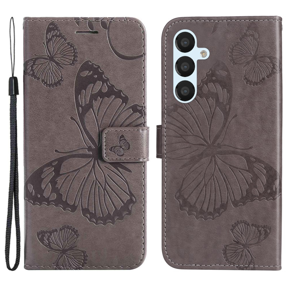 Samsung Galaxy A54 5G Leder Tasche mit Kartenfach   Handschlaufe Schmetterling - Grau