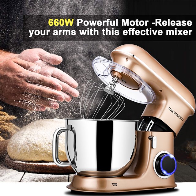 Batedeira de pedestal uhomepro de 7,5 QT para cozinha, 6 velocidades + 0 + P, cabeça inclinável, 660 W, batedeira elétrica para massa, uso doméstico e comercial, com gancho para massa, batedor, batedor de ovos, espátula, própria para lava-louças.