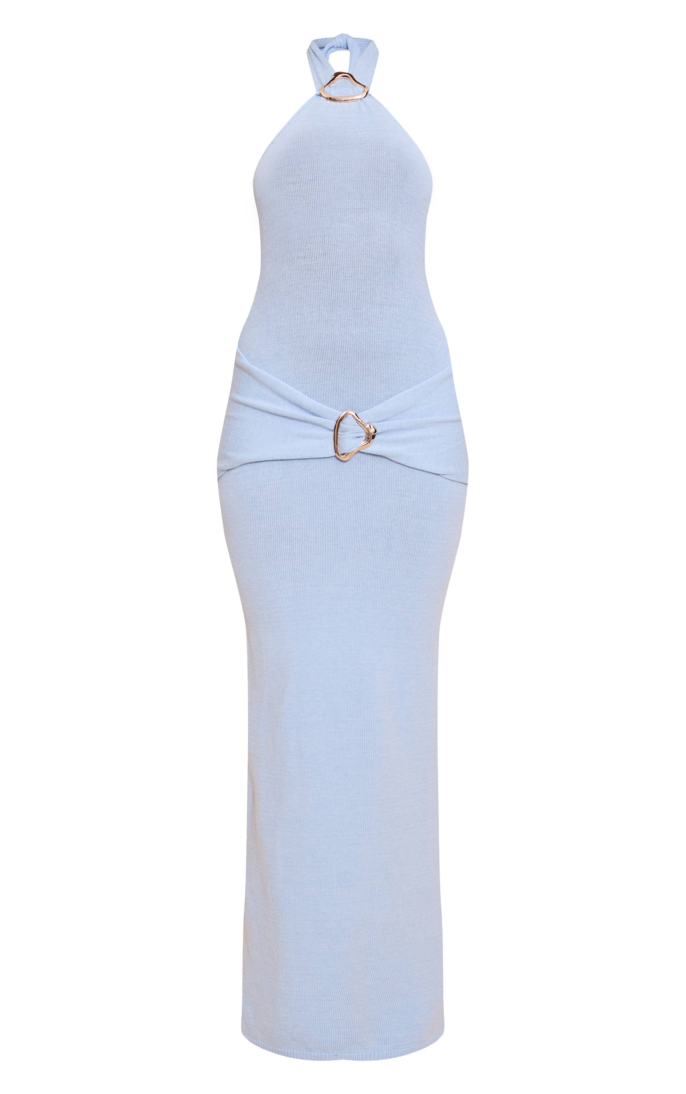 Bleu Poudré Robe Longue Portefeuille Dos-nu Avec Détails De Finitions Contrastées