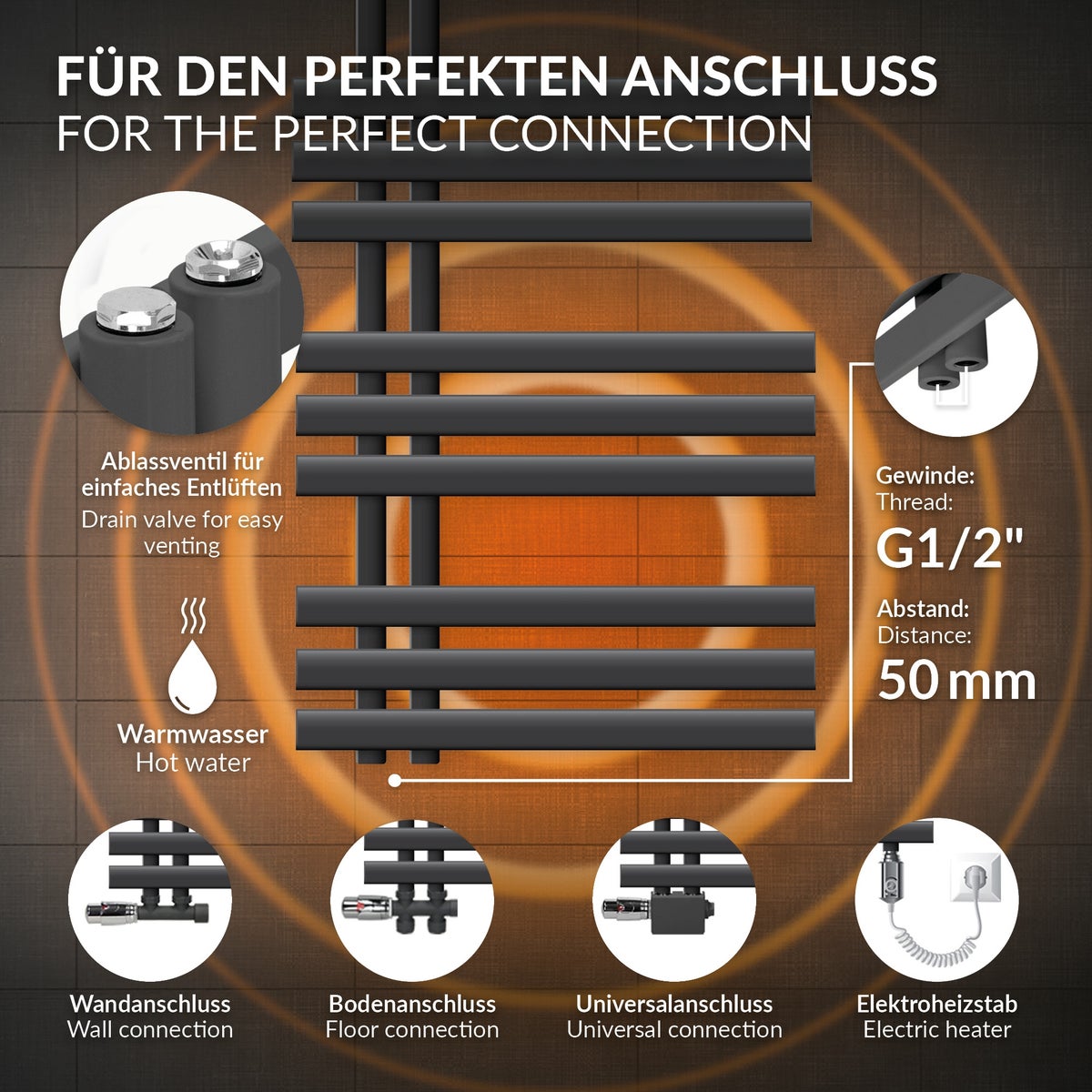 LuxeBath badkamerradiator Iron EM 600x1200 mm antraciet middenaansluiting met aansluitset en thermostaat hoekwand, designradiator badkamerverwarming handdoekradiator handdoekdroger handdoekradiator
