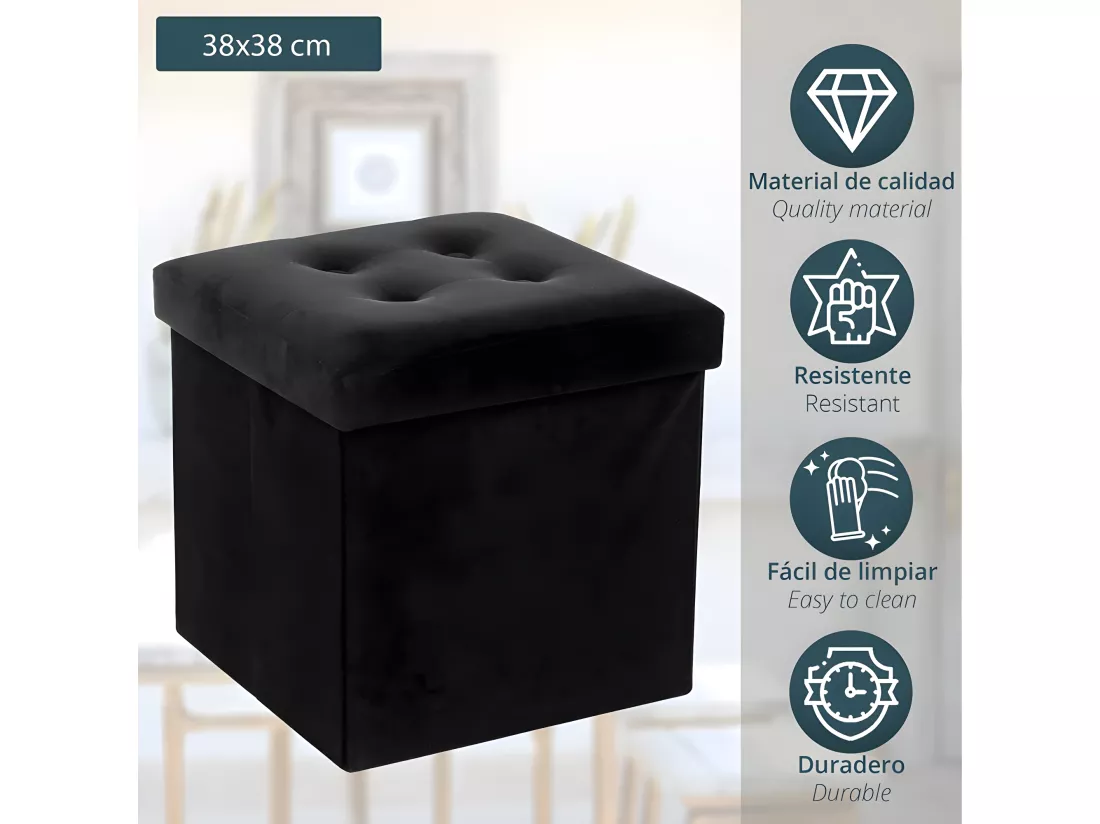 2 en 1 Pouf pliant et coffre de rangement Velours Noir 38 x 38 cm