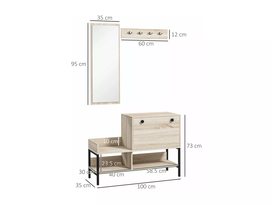 Ensemble de meubles d'entrée - organisateur d'entrée - meuble à chaussures, 4 patères doubles, 3 étagères - noir aspect chêne clair