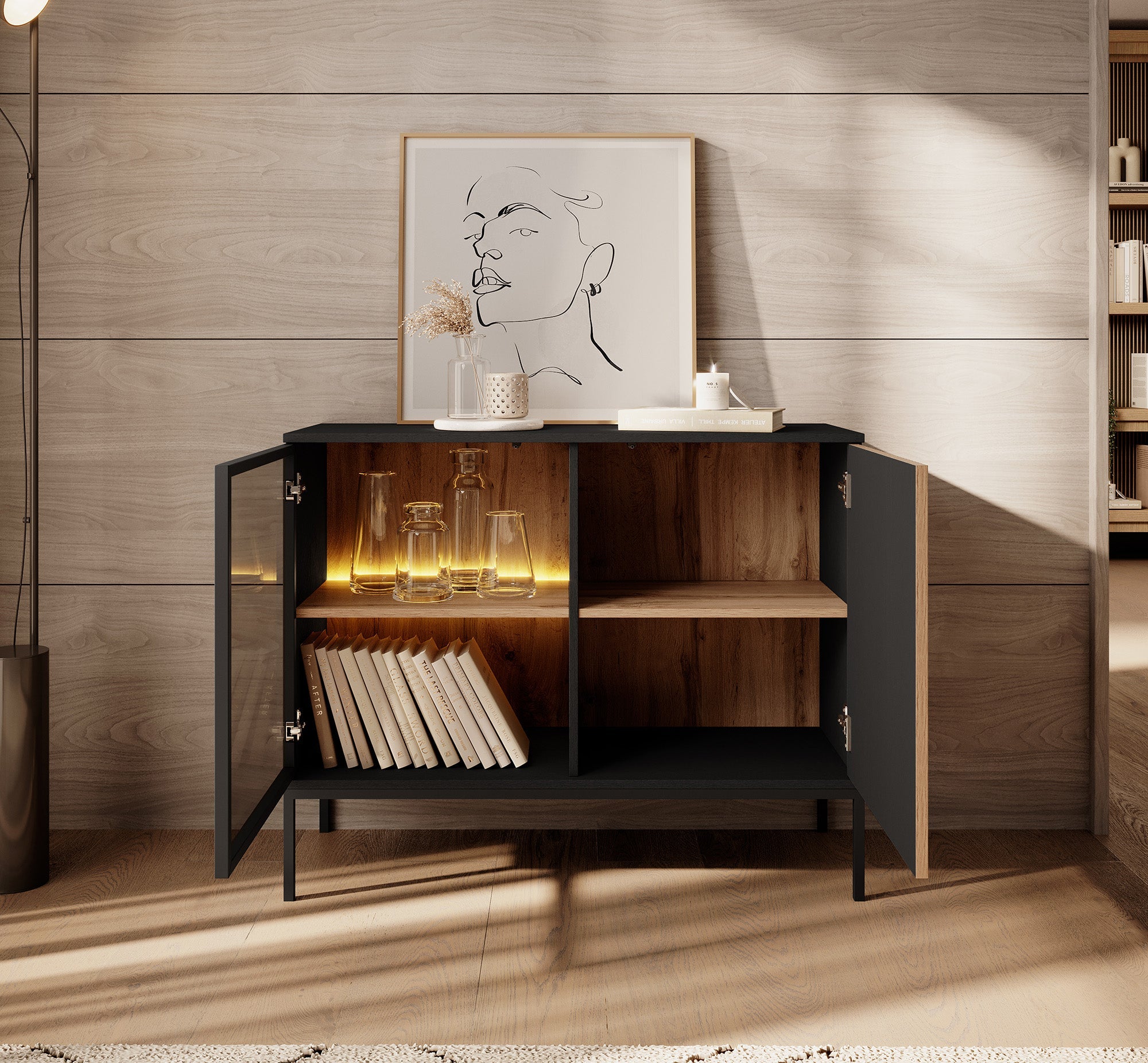 Meubella - Dressoir Legend - Mat zwart - Eiken - 104 cm