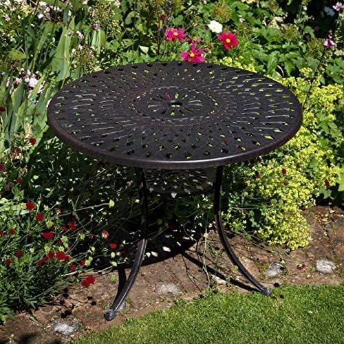 Lazy Susan 88 cm Runder Mia Gartentisch in Antik Bronze mit 2 Emma Stühlen, Ohne Sitzkissen | Nachhaltiges Sandguss-Aluminium | Wetterfest | Rostfrei | Wartungsarm | 3 Jahre Garantie