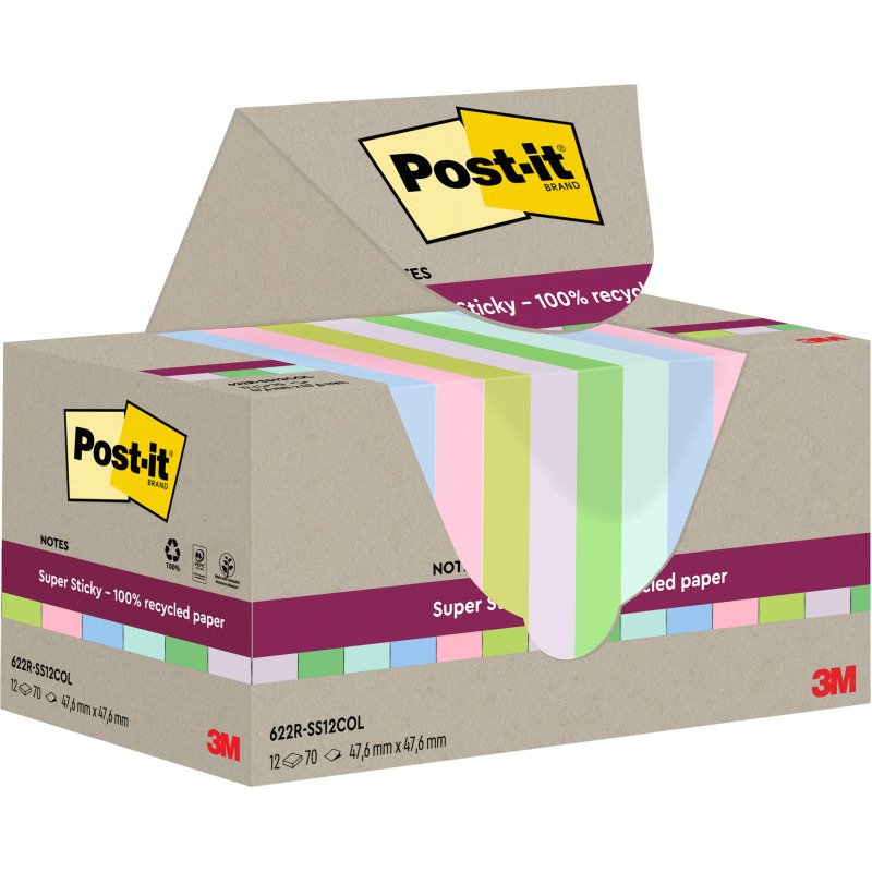 Notes repositionnables recyclées couleurs Super Sticky Post-it - bloc de 70 feuilles = Pour l'achat notes repositionnables, 1 sachet de M&M OFFERT