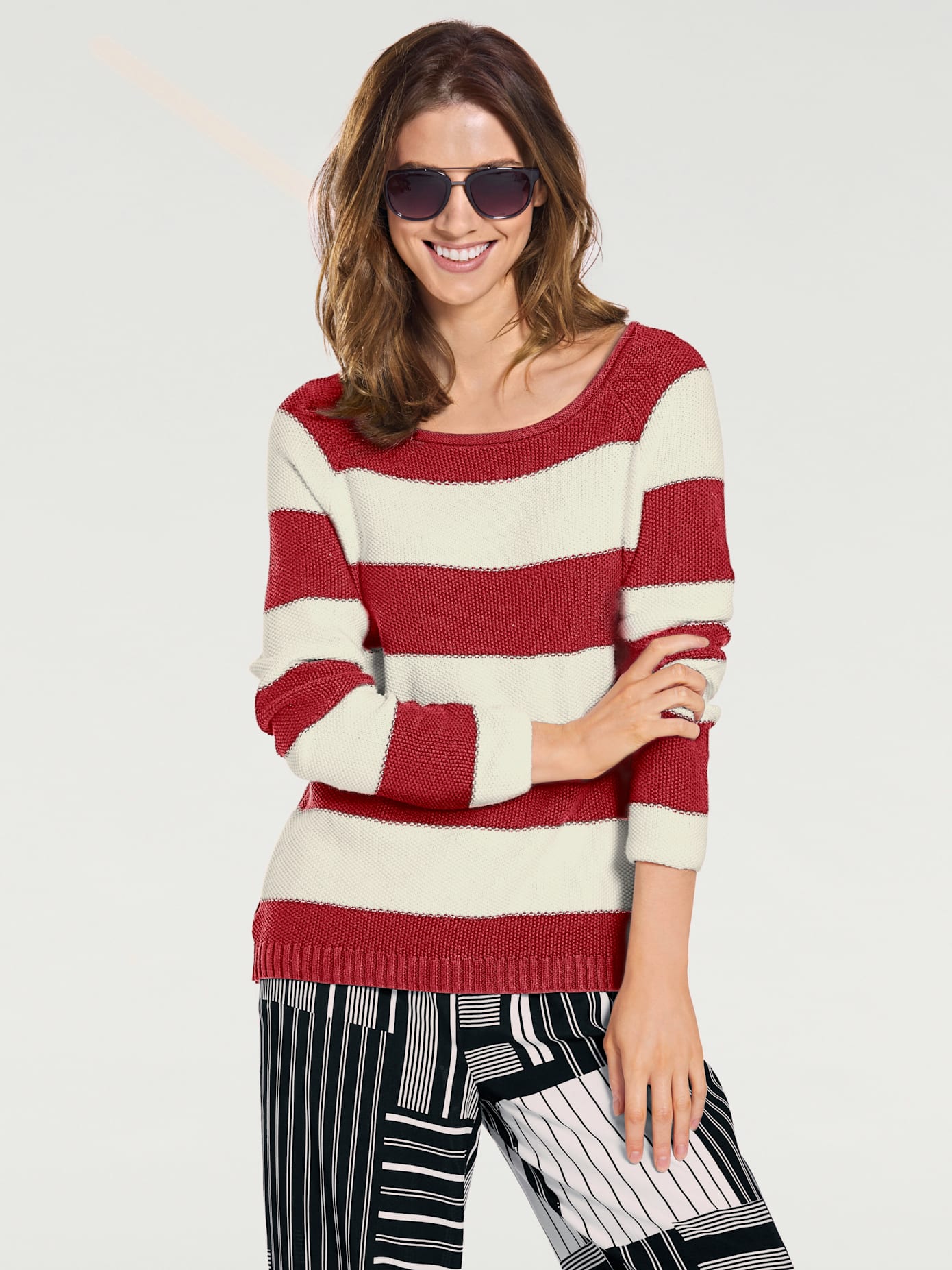 Pull col rond grosses rayures tendance avec glissière au dos
