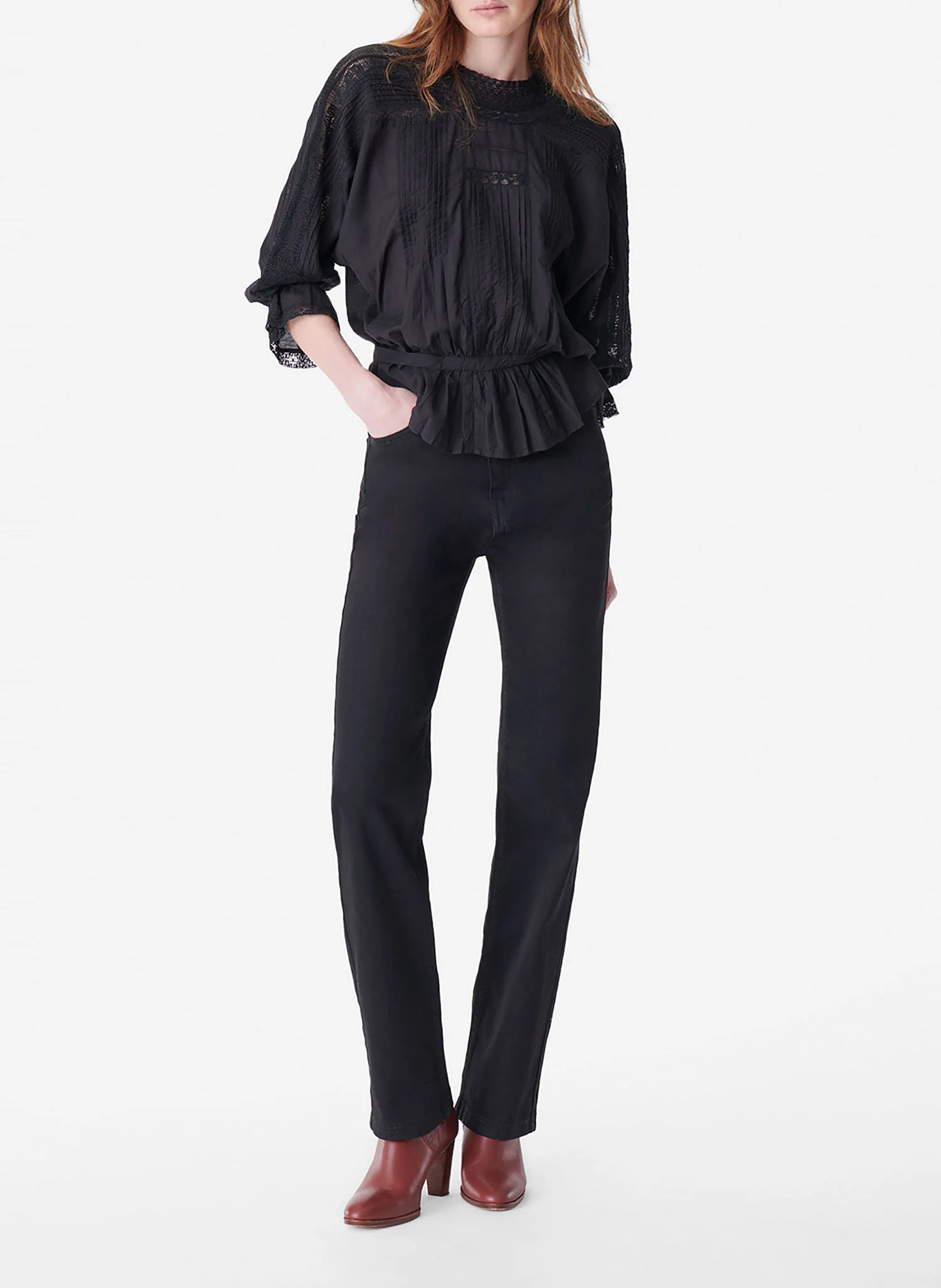 VIVA - Blouse col rond en dentelle et coton mélangé| Noir